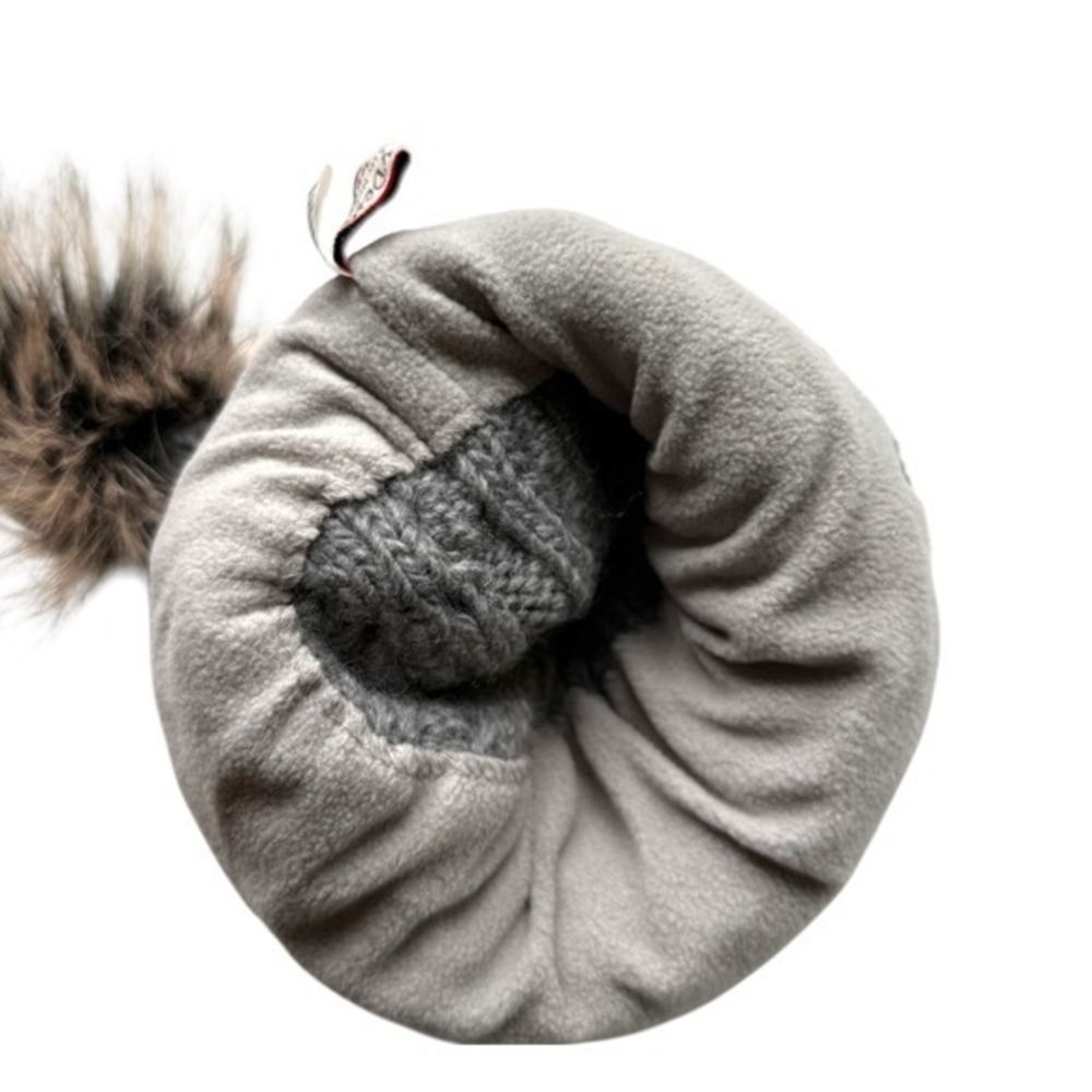 Nirvanna Gray Merino Wool Hand Knit Cable Knit Beanie Hat with Faux Fur Pom Pom - Picture 3 of 6